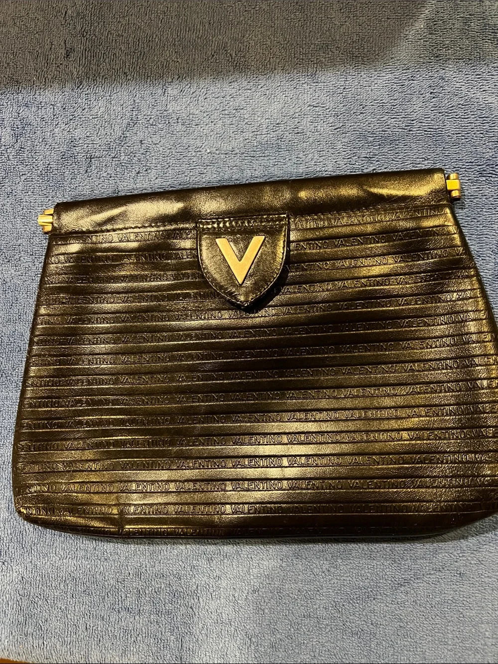Valentino Black Leather V-Emblem Horizontal Embossed Clutch